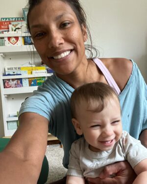 Meagan Martin Instagram - 9 months in vs 9 months out! Just over here trying to keep up with my busy little monster 🥰🤣! He’s smiling at the cat in the second photo, obsessed with the animals 💗!