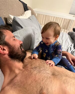 Meagan Martin Instagram - 9 months in vs 9 months out! Just over here trying to keep up with my busy little monster 🥰🤣! He’s smiling at the cat in the second photo, obsessed with the animals 💗!