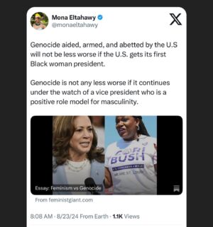 Mona Eltahawy Instagram - Genocide aided, armed, and abetted by the U.S will not be less worse if the U.S. gets its first Black woman president. 

Genocide is not any less worse if it continues under the watch of a vice president who is a positive role model for masculinity.

i wrote that essay before the DNC.

Israel’s genocide of Palestinians in Gaza will be no less worse under the watch of an historic Harris-Walz administration.

Feminism is not merely a woman in a position that has never been held by a woman before. 

Feminism is a woman in a position of power who uses that power to destroy, not uphold, patriarchy.

And what is genocide but patriarchy writ large; toxic masculinity drunk on its power and ability to dominate, to obliterate, to kill, maim, and terrorise women, children, and men.

https://www.feministgiant.com/p/essay-feminism-vs-genocide