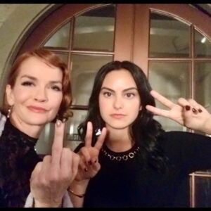 Nathalie Boltt Instagram - Flip-you-off Flashback Friday. Rare pic of Nat and Cami / Veronica and Penelope. Much attitude.  #riverdale
