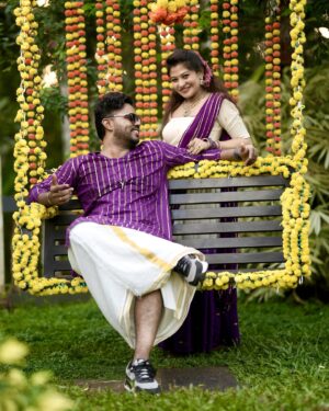 Neema Mathew Instagram - Last pic is my Fav 🩵
.
.
👗: @label_swasti 
Jewellery: @ambell_collection 
📸: @_rnr_photography_ 
📍: @_black_nest_ 
.
.
.
#onam #couplegoals #coupleshoot #love #saree #onamspecial #sanjutechy #nannuzzz
