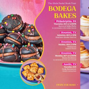 Paola Velez Instagram - Get ready for an incredibly sweet adventure🍇📚✨! I’m thrilled to share the ¡Hola Paola! Book tour dates with you all. 🗓️

Click the link in my bio to discover the tour stops and join me and my friends on this cross country journey. I can’t wait to meet you all in person! 

@nordstrom @nordstromrestaurantgroup 
 @boldforkbooks @chabelacoss 
@rizzolibookstore @lahbco 
@thelitbar 
@frenchtown_bookshop 
@dreamworldmakes @sisterlylovephilly 
@southernsmokefoundation 
@brazosbookstore @chefdawnburrell 
@canjeatx @tavel19 
@pullmanmarket @kevinfinktx @emmerhospitality 
@latinaspoderosas @carlasfreshmarket @kaydayallday 
@nowservingla @roxanajullapat 
@wearefriendsandfamily 
@chefnel4 @alamaroakland 
@omnivorebooks 
@booklarder 
@communionseattle @thatbrowngirlcooks @arvin_kyle_b 
@platformbyjbf @theduskykitchen 
@bembrooklyn @mofad

#holapaola #booktour #cookbook #bookstagram #bodegas #bronxny #bookish #meetandgreet #pastrylove #pastrychef