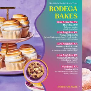 Paola Velez Instagram - Get ready for an incredibly sweet adventure🍇📚✨! I’m thrilled to share the ¡Hola Paola! Book tour dates with you all. 🗓️

Click the link in my bio to discover the tour stops and join me and my friends on this cross country journey. I can’t wait to meet you all in person! 

@nordstrom @nordstromrestaurantgroup 
 @boldforkbooks @chabelacoss 
@rizzolibookstore @lahbco 
@thelitbar 
@frenchtown_bookshop 
@dreamworldmakes @sisterlylovephilly 
@southernsmokefoundation 
@brazosbookstore @chefdawnburrell 
@canjeatx @tavel19 
@pullmanmarket @kevinfinktx @emmerhospitality 
@latinaspoderosas @carlasfreshmarket @kaydayallday 
@nowservingla @roxanajullapat 
@wearefriendsandfamily 
@chefnel4 @alamaroakland 
@omnivorebooks 
@booklarder 
@communionseattle @thatbrowngirlcooks @arvin_kyle_b 
@platformbyjbf @theduskykitchen 
@bembrooklyn @mofad

#holapaola #booktour #cookbook #bookstagram #bodegas #bronxny #bookish #meetandgreet #pastrylove #pastrychef