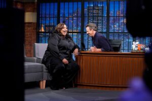 Patricia Williams Instagram - I can’t believe I’ve been on @latenightseth five times. 🤯 remember when I had to fight for late night. #grateful 🙏🏽 I love me some @sethmeyers ❤️ Somebody tell them to give me a permanent spot 😂 

Tune in tonight at 10pm! 😊

👗: @ericabenoit5 @theninaparker 
💄: @makeupsurgeon 
💇🏽‍♀️: @_nycjayy 

📸: Lloyd Bishop/NBC