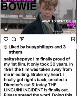 Rosanna Arquette Instagram - I’m so happy my director richard Shepard after 35 years got to cut his film. They took  it away  from him he was 25 at the time .I loved working on this crazy film with beloved David Bowie and stellar Ezster Balint and Marlee matlin Buck Henry Andre Gregory .my dad has a cameo Lewis Arquette .Bowie doing comedy  it’s fun check it out. Peace love Rosanna