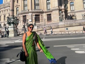 Sneha Paul Instagram - From the Eiffel Tower to saree power! 💫 Draped in elegance, with a hint of Parisian flair. 

#paris 
#parisfrance 
@dorbysneha