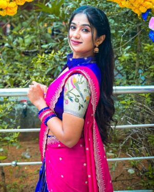 Soundarya Reddy Instagram - 💞🌷
Half saree - @uski_designer_studio my all time fav one ❤️🫶🏻
Edit - @viki_pixer my thambhi🫶🏻
Bangles - @vcrafted