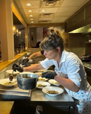 Vivian Howard Instagram - Scenes from August’s kitchen bar!  Come and see me in September.  1. Me & what has been pointed out as my “work face.” 2. Deep Run Summer in a bowl  3. My version of Vanna White with a ribbonfish  4. What I did with said fish  5. Lamb stuffed perilla leaves ready to be fried 6. Just a girl and her cantaloupe sorbet 📸 by @moleskystudio