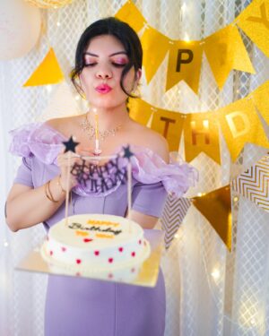 Aarya Maya Instagram - All about last night ✨✨🪩

Cake from @squareonetreats 

Dress by @myntra @iammyntra 

#mybirthday #birthdaypost #birthdayphotoshoot #purpledress #party #smile #love 
{my birthday, purple dress , photoshoot, party mode, princess , birthdy girl , explore }