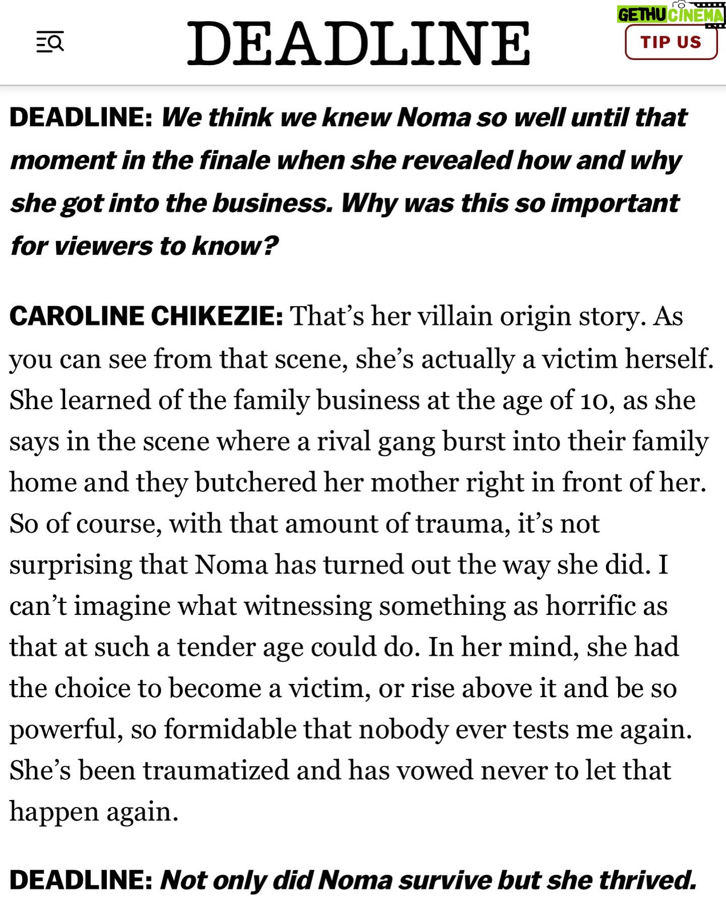 Caroline Chikezie - 9.3K Likes - I’ll forever be grateful to you @courtneyakemp @50cent #BrettMahoney, @markcanton and @starz for allowing me to tag along and participate in this absolute beast of a show you created.
Thank you for being unrelenting in your quest to bring more boss roles for women, to the screen, and for trusting me as your ‘Noma’. It has truly been the ride of a lifetime.
To my stellar castmates who I now consider family,
@woodythegreat,@therealmaryjblige, @methodmanofficial, @Sydneywinbush, @toyofficial, @thealixlapri, @lovelladamsgray, @giannivpaolo,@michaelealy, @ktshmoov, @therealgolden47, @sahrngaujah
thank you for giving me the warmest reception when I joined the show in season 3.
A special shout out to our incredible number 1 @michaelraineyjr. Thank you for tolerating Noma’s shenanigans 🤣
I love you all for real 🔐❤️
To our amazing crew who worked tirelessly behind the scenes, from our directors and writers to the lighting and camera teams, set designers, wardrobe, hair &makeup, and everyone in between—you made magic happen every single day, thank you.
To all the supporters of the show, both online and in person, your love is felt and truly appreciated! Thank you for forgiving the sins of Noma 😂
And finally, a huge thank you to @socialrosy for this wonderful @deadline article that captured so much of this journey. I’m honored! 🙏🏾Click the link in my bio to read the full write-up! 📰✨ #Grateful #PowerBook2 #powerghost #Noma