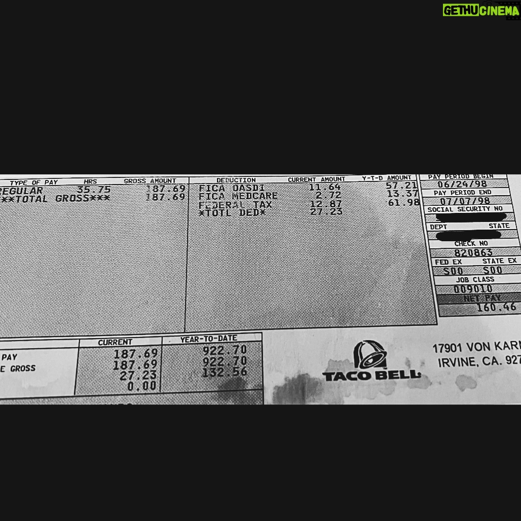 Eve Mauro - 1K Likes - Found my old paycheck stub from Taco Bell. Worked 35 hours and only got paid $160 back in 1998. Don’t give up. The beginning is always the hardest.
#WhateverItTakes
#NotDeadYet