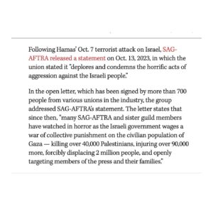 Haley Webb Instagram - Today, @hollywoodreporter published the voices of our fellow rank-and-file entertainment guild workers, asking @officialfrandrescher and @sagaftra leadership to end their silence, protect their membership, defend a free press, and stay true to their professed values. It is past time for SAG-AFTRA, and all entertainment unions, to listen. 

•Read our full press release here (and at link in bio): 
http://bit.ly/sagceasepressrelease
•The Hollywood Reporter article here: 
https://bit.ly/THRarticle
•And sign and share our letter here (or link in bio):
http://Bit.ly/guilds4ceasefire

Thank you to the high profile performers - and especially the working entertainment union members from all corners of the industry - for signing our letter to demand our union leadership act, despite the risk involved in speaking up for Palestine in our industry.

To our union siblings - remember, with or without leadership, YOU as members have the power to change our guilds for the better. You can organize, build people power, and help move the needle towards justice. Never forget that YOU are the union. An injury to one is an injury to all. 

See you out there. ❤️‍🔥