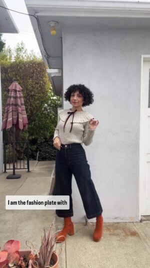 Jasika Nicole Instagram - Do not remember the name of this vintage sweater pattern but the pants are the persephones by Ana Allen Clothing, boots are RTW and the velvet ribbon is piping leftover from an upholstery project 😬 #sewing #imakemyownclothes