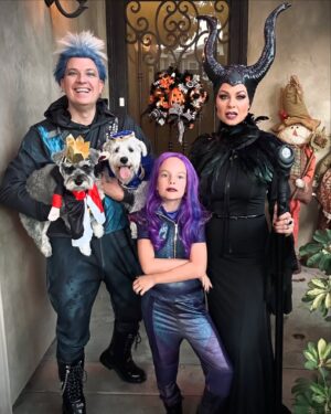 Jessica Collins Instagram - Our Rotten to the Core Halloween 2024. 
#Descendants
#Mal
#Maleficent
#Hades
#Halloweenpups
#familyandfriends❤️