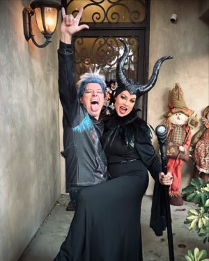 Jessica Collins Instagram - Our Rotten to the Core Halloween 2024. 
#Descendants
#Mal
#Maleficent
#Hades
#Halloweenpups
#familyandfriends❤️