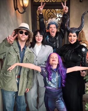 Jessica Collins Instagram - Our Rotten to the Core Halloween 2024. 
#Descendants
#Mal
#Maleficent
#Hades
#Halloweenpups
#familyandfriends❤️
