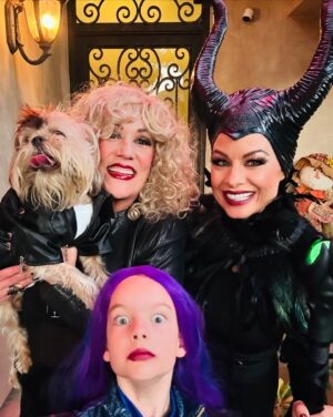 Jessica Collins Instagram - Our Rotten to the Core Halloween 2024. 
#Descendants
#Mal
#Maleficent
#Hades
#Halloweenpups
#familyandfriends❤️