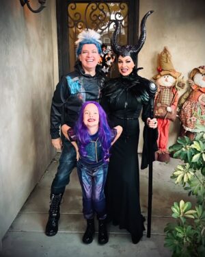 Jessica Collins Instagram - Our Rotten to the Core Halloween 2024. 
#Descendants
#Mal
#Maleficent
#Hades
#Halloweenpups
#familyandfriends❤️