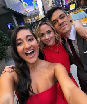 Krystina Alabado Instagram - RED-y for Opening Night of @elfonbroadway with my two loves and my tan tines 🎄👙 #broadway #nyc