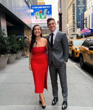 Krystina Alabado Instagram - RED-y for Opening Night of @elfonbroadway with my two loves and my tan tines 🎄👙 #broadway #nyc