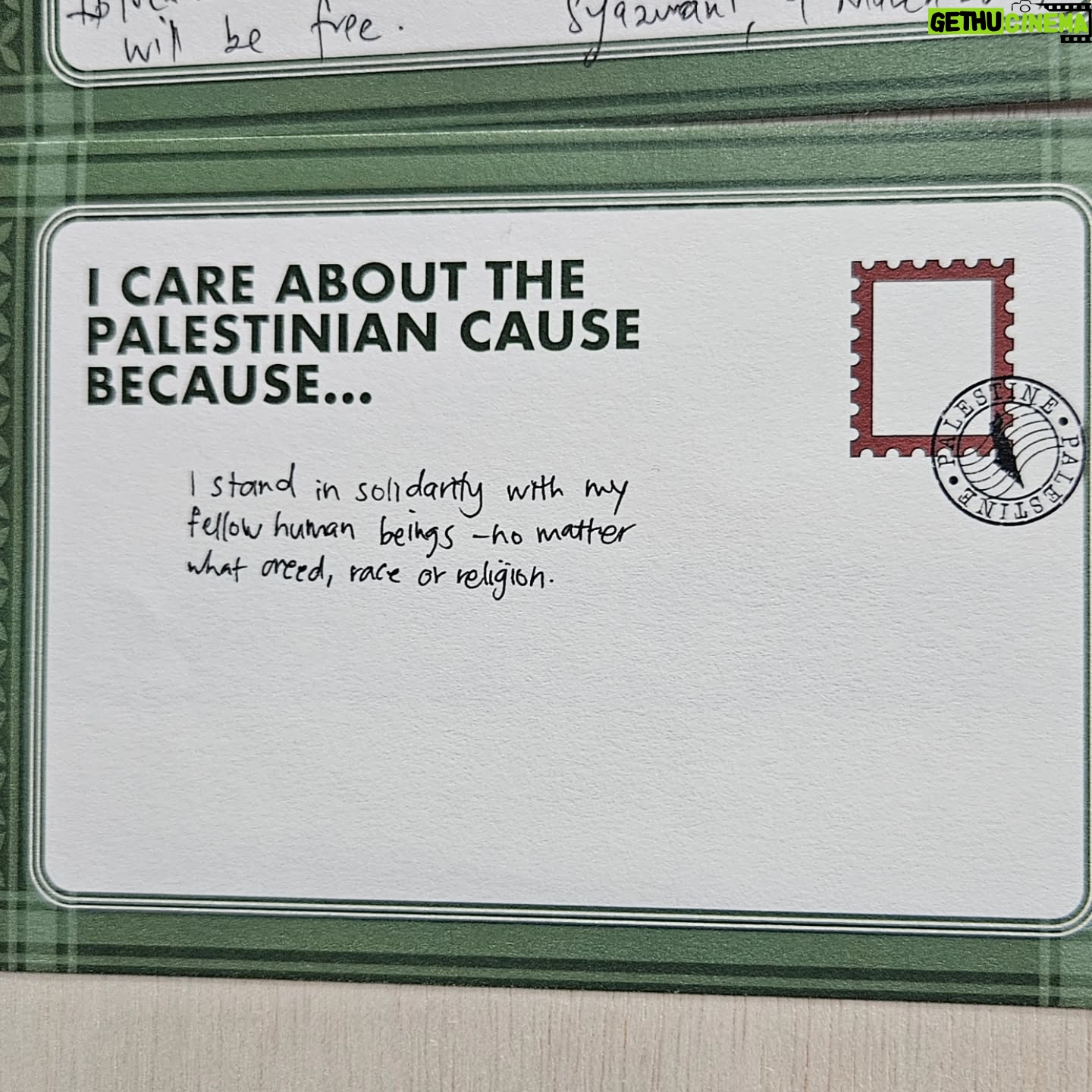 Oon Shu An - 3.5K Likes - If children can understand the suffering in Palestine, why can't we?
These are from the Live Gaza Monologues' Postcards for Gaza segment where attendees penned their thoughts about Palestine.
Share your answer to "I care about the Palestinian cause because..." below 👇
✒️ And sign our petition for Singapore to expedite its recognition of the Palestinian state via the link in bio. We're less than 10% away from our goal of 10,000 signatures 💯