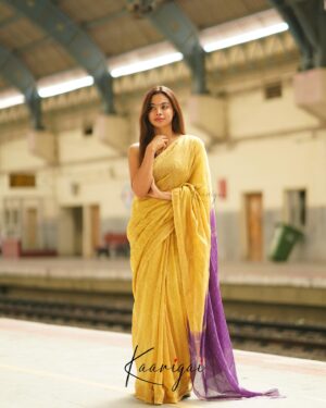 Pooja Shanka Instagram - 💜💛

PC - @p2click.in 
Saree - @kaarigai.sarees