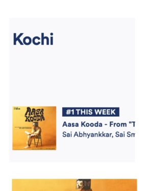 Sai Abhyankkar Instagram - #aasakooda is the number 1 track on Chennai, Bengaluru & Kochi for the week of 5th July to 11th July - @abhyankkar takes over @spotify Charts !! @spotifyindia