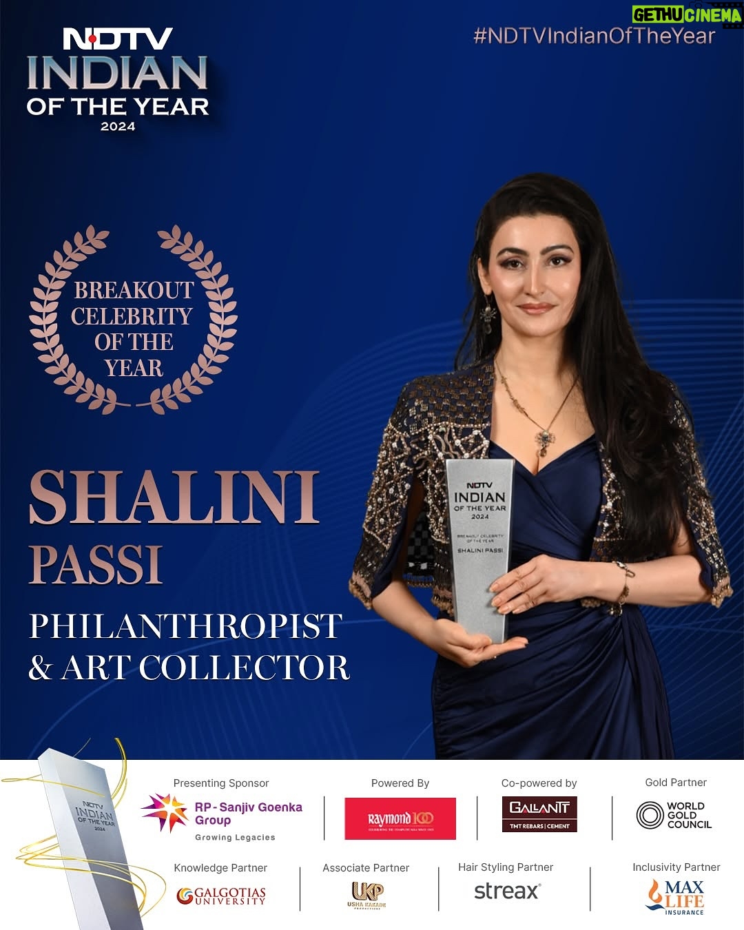 Shalini Passi - 40.5K Likes - Thank you @ndtv @ndtvindia for the Breakout Celebrity Of The Year Award. Extremely honoured & grateful 🙏✨
#NDTVIndianOfTheYear
Presenting Sponsor: RP-Sanjiv Goenka Group
Powered by: Wardrobe partner, Raymond (@raymond_the_complete_man)
Co-powered by: Gallantt Group of Industries (@gallantt_group)
Gold Partner: World Gold Council (@thestoryofgold)
Knowledge Partner: Galgotias University (@galgotias_university)
Associate Partner: Usha Kakade Production (@ushakakadeproductions)
Hair Styling Partner: Streax (@streaxindia)
Inclusivity Partner: Max Life Insurance (@max_life_insurance)Along with Grant Thornton Bharat (@grantthornton_bharat) as Consulting Partner for the awards @nikitamhaisalkar @nikitadmhaisalkar 🤎🤎