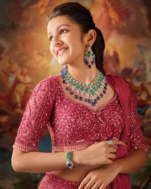 Sitara Ghattamaneni Instagram - Super happy and excited to be the face of @pmj_jewels! Watch out for 'Sitara's Signature Collection' which was launched at #TimesSquare today. I hope you all love it as much as I do 🥰🥰🥰 #PMJSitara let's go! ✨

Outfit: @falgunishanepeacockindia
  @falgunipeacock
  @shanepeacock

Photography: @jatinkampani

Launching soon in :

Hyderabad - 6th July 
Vijaywada 13th July