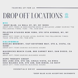 Allyson Felix Instagram - 📣 TEAMING UP FOR LA

The devastating fires in Los Angeles have displaced and left many without homes or basic necessities. For women and young girls, this includes losing access to essential personal care items.

@deepbluesportsent & @always.alpha are teaming up and partnering with the women’s sports community to launch a nationwide essentials drive to provide toiletries, cosmetics, and feminine hygiene products to shelters and organizations helping those in need.

🛒 Donate Supplies
Drop off new and unused items at one of our locations [see graphic for details]:
📍 NYC: @deepbluesportsent HQ, @onepeloton Studios NYC
📍 NJ: @gothamfc HQ
📍 California: @doglegbrewingco, @mavericksbeachclub
📍 Portland: @thesportsbrapdx
📍 Boston: @moolahkicks HQ
📍 DC/Northern VA: @washingtonspirit HQ
📍 Orlando: @orlpride HQ
📍 Tampa: @uslsuperleague HQ
📍 Daytona Beach: @lpga_tour HQ
📍 Minneapolis: @abaroftheirown

Additional locations to be added.

📦 Ship Items
Deep Blue Sports   Entertainment
44 Wall Street, Floor 4
New York, NY 10005

🗓️ Donations accepted until Fri, January 17

We appreciate your support. 💙