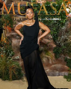 Anika Noni Rose Instagram - The way my team showed out on this @disney #Mufasa press tour has been thoroughly disrespectful.

Before I post ‘beauty shots’, I want to give a moment for this carpet situation. Because it was 32F, and that wind chill was not kind at all, but this looooook?!?! @ashistudio  brought the heat. 

Thank you, @ashistudio for draping me down for this London premiere. You knew only Queen attire would do.

Styled @jasonrembert 
Asst @thestylistguy 
Gown @ashistudio 
Shoes @louboutinworld 
Earrings 

Face @paintedbyesther 
Hair @seraiahartistry 
Color @ryanburrellhair 
 

#mufasa #lionking #milele #afia #fashion #ashistudio  #disney #littleblackdress🧡🦁