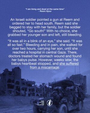 Armeena Khan Instagram - 🚨 ISRAEL SHOOTS PREGNANT WOMAN AND HER 4 YEAR OLD DAUGHTER 🚨

Reem Ajour, a mother from Gaza, has been separated from her husband, Talal, and their four-year-old daughter, Masaa, since March 2024. The family had sought refuge in a relative’s home in Gaza City after being displaced during the ongoing genoc/de.

On March 24, Israeli forces raided the house, opening fire as they stormed in. Reem, who was three months pregnant, was shot in the stomach. Talal suffered a severe leg injury and was bleeding heavily. Masaa, just four years old, was shot by Israeli forces in the shoulder, passing out but still breathing, as Reem recounted.

An Israeli soldier pointed a gun at Reem and ordered her to head south. Reem said she begged to stay with her family, but the soldier shouted, “Go south!” With no choice, she grabbed her younger son and left, still bleeding.

“It was all in a blink of an eye,” she said. “It was all so fast.” Bleeding and in pain, she walked for over two hours, carrying her son, until she reached a hospital in central Gaza. There, doctors treated her stomach wound and found her babys pulse. However, weeks later, the babys heartbeat stopped, and she suffered from a miscarriage.

Eight months have passed, and the 23-year-old mother still has no answers about the fate of her husband and daughter. The occupation claims it does not have them. Shortly after the raid, Israeli forces levelled the house where Talal and Masaa had been staying. Reem does not know if they were still inside at the time.

“I am living and dead at the same time,” she said.

👉 EMAIL YOUR ELECTED OFFICIAL NOW! USE THE FREE TEMPLATE IN @humantiproject’s bio or visit HumantiProject.org 👈

——

Sources: The Independent & The Associated Press