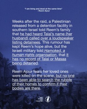 Armeena Khan Instagram - 🚨 ISRAEL SHOOTS PREGNANT WOMAN AND HER 4 YEAR OLD DAUGHTER 🚨

Reem Ajour, a mother from Gaza, has been separated from her husband, Talal, and their four-year-old daughter, Masaa, since March 2024. The family had sought refuge in a relative’s home in Gaza City after being displaced during the ongoing genoc/de.

On March 24, Israeli forces raided the house, opening fire as they stormed in. Reem, who was three months pregnant, was shot in the stomach. Talal suffered a severe leg injury and was bleeding heavily. Masaa, just four years old, was shot by Israeli forces in the shoulder, passing out but still breathing, as Reem recounted.

An Israeli soldier pointed a gun at Reem and ordered her to head south. Reem said she begged to stay with her family, but the soldier shouted, “Go south!” With no choice, she grabbed her younger son and left, still bleeding.

“It was all in a blink of an eye,” she said. “It was all so fast.” Bleeding and in pain, she walked for over two hours, carrying her son, until she reached a hospital in central Gaza. There, doctors treated her stomach wound and found her babys pulse. However, weeks later, the babys heartbeat stopped, and she suffered from a miscarriage.

Eight months have passed, and the 23-year-old mother still has no answers about the fate of her husband and daughter. The occupation claims it does not have them. Shortly after the raid, Israeli forces levelled the house where Talal and Masaa had been staying. Reem does not know if they were still inside at the time.

“I am living and dead at the same time,” she said.

👉 EMAIL YOUR ELECTED OFFICIAL NOW! USE THE FREE TEMPLATE IN @humantiproject’s bio or visit HumantiProject.org 👈

——

Sources: The Independent & The Associated Press
