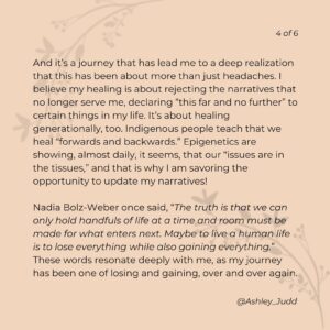 Ashley Judd Instagram - As we mark #WorldMentalHealthDay this week, I wanted to share an update with you all on my own health journey. xx
I want to honor, deeply, the tiny circle of caring chosen family who have loved my body, mind, & spirit during this season: CC, my care companion & guide; my pastor, with her deep wisdom, empathy, vision, and lucid prayers; Amanda & Diane for their healing hands my system recognizes can help heal my system; Jamie & Aunt Dot for the ice baths, hugs, & anti-inflammatory, low-glycemic index meals; Beth, from 6th grade, Logan, Heather, lying on the moss with me, breathing, weeping; MTR for crafts & helping me find play; Tammy & Robyn & M.E., huddled in an embrace singing the Doxology together; Janet, who while traversing the globe still tracked me. day and night with care, cohesion, & showed me paths of hope; Nikki & Seane, holding back the walls of the Red Sea as I crawled through to re-birth. You are my people, my family, and you have loved me so well. Thank you.