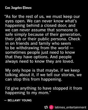 Bellamy Young Instagram - I'm sharing a piece I wrote about my mom's journey with domestic violence. It broke my heart over & over to write it (of course even more so to watch her live it), but if it helps even one person, then that's all that matters now. I'm sending each of you so very much love. Tonight & always. Let's try to take good care of each other. 💗❤️

***
“My mom died at the end of 2023, right after her 83rd birthday. Which doesn’t sound all that remarkable — until I mention that she had been a victim of domestic partner abuse up until the year before her death,” “Scandal”s’ Bellamy Young writes in a guest column for the L.A. Times.
“Mom hadn’t exactly been lucky in love. She had already buried four husbands (cancer, heart attack, COPD, cancer) by the time she met This Guy, who doesn’t deserve to be named here. But Mom never wanted to be alone. It was her deepest fear. She would get the look I get when I talk about sharks.
She powered through her lack of computer skills and met This Guy online about eight years ago. We would joke that she had to import him from Tennessee because there were no good men left in western North Carolina. It was a long-distance relationship at first: She would cook for him at the house I’d helped her buy outside of Asheville, and drive to Tennessee to go to church with him.
Eventually, he brought his two cats and moved into Mom’s house. I’d watched her go through this phase with a new man a few times, bless her heart, but there seemed to be far less joy now. ‘At least he’s smart,’ she kept saying, as if to excuse his excessive drinking or unnerving silence.
The life she made with This Guy got smaller and smaller. She dropped out of her book club and her service organization. They stopped going to church. They no longer made plans with friends. After experiencing the drinking and fighting firsthand — or just the tense silence — people stopped coming over. Mom closed the door to her own cage and chose This Guy. Over life, over fun, over safety.”
Read the full guest column at the link in @latimes_entertainment’s bio.
🖊️ @bellamyyoung 
📸 Najeebah Al-Ghadban/For The Times; Bellamy Young; Smallz & Raskind / Getty Images for The People’s Choice Awards