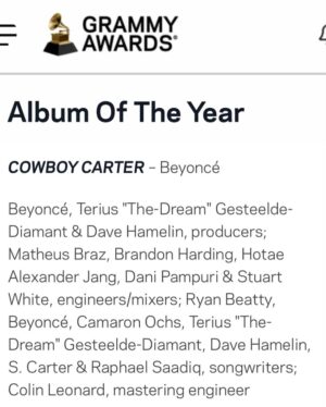 Cam Instagram - Got my second GRAMMY nomination this am. This time as a songwriter for Album Of the Year nominee ‘Cowboy Carter’. I got to sing Ameriican Requiem in a stadium in South Africa recently and damn those lyrics are so beautifully heavy. Thank you @beyonce for letting me lend my talents to this cultural moment you created. Thank you @recordingacademy for recognizing this album beyond genres. Thank you @marielgomerez @thedavehamelin @katiewwelle for the opportunity of a lifetime. Thank you @tylersamj @simonmaartensson I’ll be proud of Requiem/Amen and Daughter til the day I die ❤️ thank you @andersmou and @nicklobel for giving 100 to every piece of the puzzle. Thank you @lindsaymarias for being my ride or die forever. AND i know you guys are gonna be in the DMs asking about my new music, which won’t be long now- but thank you for helping me celebrate this one first ❤️ Aaaaaa-men 🙏 #GRAMMYS