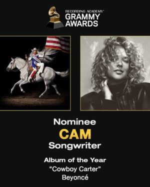 Cam Instagram - Got my second GRAMMY nomination this am. This time as a songwriter for Album Of the Year nominee ‘Cowboy Carter’. I got to sing Ameriican Requiem in a stadium in South Africa recently and damn those lyrics are so beautifully heavy. Thank you @beyonce for letting me lend my talents to this cultural moment you created. Thank you @recordingacademy for recognizing this album beyond genres. Thank you @marielgomerez @thedavehamelin @katiewwelle for the opportunity of a lifetime. Thank you @tylersamj @simonmaartensson I’ll be proud of Requiem/Amen and Daughter til the day I die ❤️ thank you @andersmou and @nicklobel for giving 100 to every piece of the puzzle. Thank you @lindsaymarias for being my ride or die forever. AND i know you guys are gonna be in the DMs asking about my new music, which won’t be long now- but thank you for helping me celebrate this one first ❤️ Aaaaaa-men 🙏 #GRAMMYS