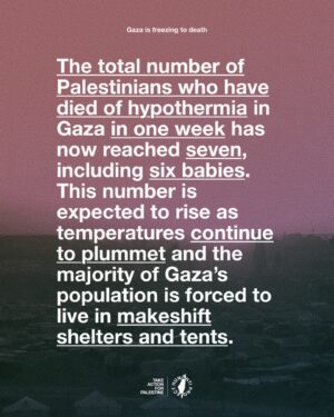 Carice van Houten Instagram - 🚨6 BABIES FREEZE TO DEATH IN GAZA IN JUST 1 WEEK 🚨

The total number of Palestinians who have died of hypothermia in Gaza in one week has now reached seven, including six babies. This number is expected to rise as temperatures continue to plummet and the majority of Gaza’s population is forced to live in makeshift shelters and tents.

“We have warned more than once of the danger of air depressions, winter and frost waves coinciding with the tragic reality experienced by our Palestinian people who are being subjected to killings, genoc/de and the destruction of homes and vital sectors, and who are being subjected to displacement and eviction,” stated the Gaza Media Office.

Aid groups worldwide are warning that nearly a million people in Gaza lack adequate shelter to survive the winter, with temperatures dropping as low as 6°C (42°F).

Israel’s relentless bombardment has left fewer buildings standing in Gaza this winter, forcing Palestinians, who have repeatedly fled Israeli attacks, to seek refuge in makeshift tents constructed from tarpaulin, blankets, cardboard, and old rice sacks. Basic shelter materials such as tarps, plastic sheeting, and insulation remain largely unavailable due to Israel’s blockade of essential goods. 

The Norwegian Refugee Council reported that by late November, only 285,000 displaced Palestinians in Gaza had received critical shelter materials, leaving 945,000 still in urgent need. UNRWA chief Philippe Lazzarini highlighted the dire situation, revealing that “blankets, mattresses and other winter supplies have been stuck in the region for months waiting for approval to get into Gaza.”

THIS IS ENTIRELY PREVENTABLE, THIS IS A CHOICE ISRAEL HAS MADE.

👉 EMAIL YOUR ELECTED OFFICIAL NOW! USE THE FREE TEMPLATE IN @humantiproject’s bio or visit HumantiProject.org 👈

——
Sources: Al Jazeera, The Norwegian Refugee Council, UNRWA.