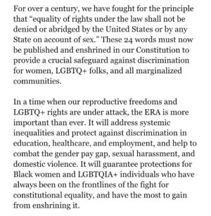 Cori Bush Instagram - Equality is not a privilege. It is a right. It is the law of the land and 28th amendment—and today, we claim it.

My statement on @POTUS’ historic recognition of Equal Rights Amendment.