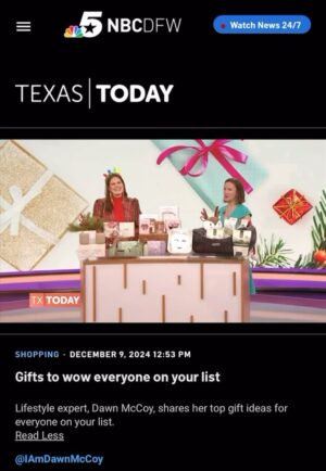 Dawn McCoy Instagram - No holiday gifts yet? Never fear.🎅🏼
My @NBCTexasToday gift guide is here.🙌🏼
From candles to fragrance to beauty to pets to travel, I’ve got you covered!

Featuring…
Our @FourTruffles x @LovingWayFoundation candle 
@FutureSociety Solar Canopy Perfume & Primer Holiday Set
@LusetaBeauty Rosemary Mint Jet-Set Hair Refresh Kit, Biotin & Collagen Jet-Set Hair Strengthen Kit
@CharlotteTilbury treats, trinkets & treasures 
@CurrentBody LED face mask 
@LoneWolfRanchPets reats
Kimpton Mas Olas @masolastodossantos

Special thanks to @trinaturk West Village for dressing me in this festive Christmas plaid suit & to @kateswaildesigns for these Kate-curated festive, sparkly earrings ❤️