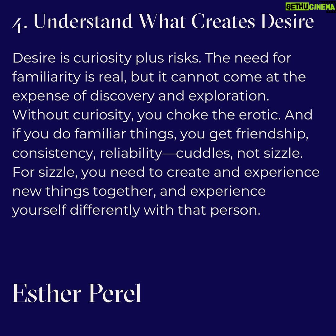 Esther Perel - 22K Likes - But how do you create spontaneity?
The definition of spontaneity is that it’s not created; but it is. You create contexts for spontaneity, for happenstance.
I sat down with @gq to talk about how scheduled sex CAN be sexy.
Would you schedule sex?