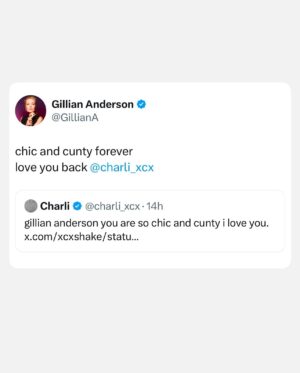 Gillian Anderson Instagram - From one OG brat girl to another 💚

Wrote about the audacious and genre defying @charli_xcx for @ft_weekend’s “25 Most Influential Women of 2024”. 

Link in my bio.

Photos
1) @markseliger for @usweekly 
2) @harleyweir 
3) @the_chris_buck for @lamag 
4) @hart_leshkina for @reeditionmag
