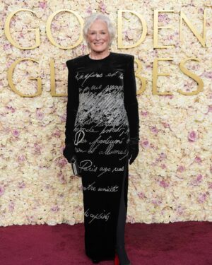 Glenn Close Instagram - I had a ball at the @goldenglobes last night! Thank you to the wonderful team that put me together. 

Makeup: @charlottehayward 
Hair: @marktownsend1 
Styling: @highheelprncess 
Look: @balmain 
Jewels: @yeprem 
Gloves: wingandweft
Tights: @wolford 
Shoes: @louboutinworld