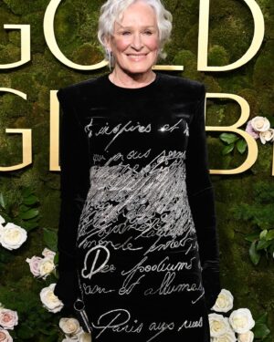 Glenn Close Instagram - I had a ball at the @goldenglobes last night! Thank you to the wonderful team that put me together. 

Makeup: @charlottehayward 
Hair: @marktownsend1 
Styling: @highheelprncess 
Look: @balmain 
Jewels: @yeprem 
Gloves: wingandweft
Tights: @wolford 
Shoes: @louboutinworld