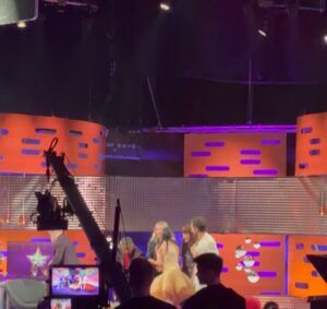 Griff Instagram - last night’s mascara on the big screen !! thank you @grahnort for having me on your show - tune in tonight to watch me almost knock red wine all over @jbayleaf 🫠 xx
