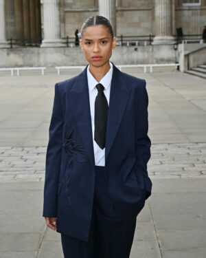 Gugu Mbatha-Raw Instagram - London Fashion Week @erdem what a stunning collection! Timeless and powerful. Thank you @erdemlondon for a beautiful show 🌹

Hair @patrickwilson 
Makeup @kennethsohmakeup 
Style @leithclark 

Tie… tied by me… don’t overthink it! 😂

#lfw