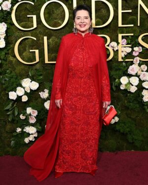 Isabella Rossellini Instagram - The team : on the left @peterbutlerhair , Azzurra the wonderful @dolcegabbana artisan who saw my dress . Lancome make up artist @itsmatin ,my publicist Jacobo Bistacchia @japoco_b who helped coordinate all interviews . Discussing what to wear for the @goldenglobes I told Domenico Dolce “ think of dressing your grandmother” because D&G often have super sexy clothes that I would be embarrassed to wear  at my age. He sent me first the drawing of the dress but in black lace . Later we decided to go red . Black is always safe but doesn’t photograph well with paparazzi photos taken in a hurry under whatever light in red carpets . We selected red to celebrate the color woren by the cardinals  in film Conclave @focusfeatures .I always love D&G elegance mixed with sense of humor and  that is what made select thier chandelier earring . There is also a photo myself 28 years ago when I was first nominated for a golden globe wearing D G with a lovely  cherries print ( again humor and elegance )