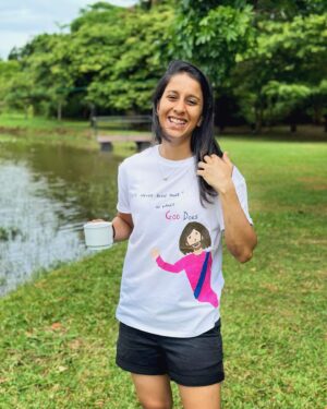 Jemimah Rodrigues Instagram - Artistic genius at work (in my PJs) - painted this t-shirt myself! 🎨🖌️🥰
