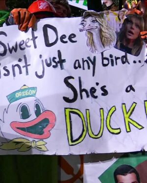 Kaitlin Olson Instagram - Thank you for having me join you @u_of_o as guest picker, @collegegameday ! Sorry I talked about losing my virginity next to Coach Saban, but it was vital information. And good lord, that may have been the best football game I’ve ever seen. 💥💥#godducks 🦆