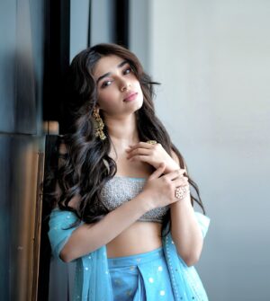 Krithi Shetty Instagram - Living in the world of magic and dreams ✨🩵 
•
Outfit @chameeandpalak @viralmantra
Accessories @justjewelryindia
Styled by @mohitrai with @ruchikrishnastyles @teammrstyles 
Glam @fab_beauty___ 
Photographer @midhun.mohan_